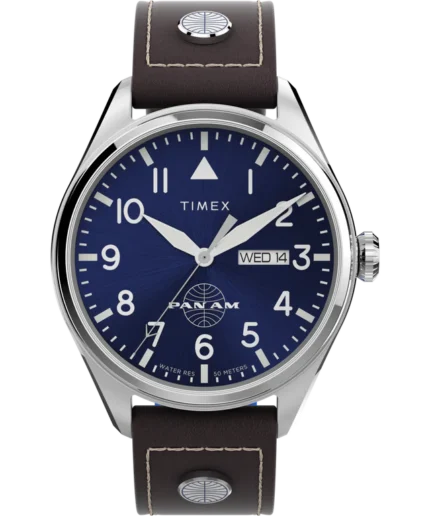 Timex X Pan Am Day-Date 42mm Leather Strap Watch